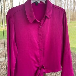 Express Fuchsia Button-Down Tie-Hem Blouse